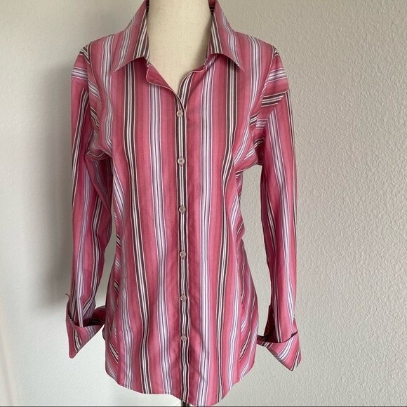Liz Claiborne No Iron Purple Pink Stripe Button Front Long Sleeve Top SZ 14 - Picture 2 of 8